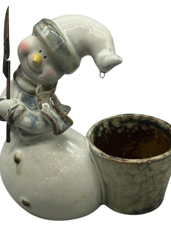 Woodland Ceramic Snowman Figurine With Rustic Look & Built-In Planter READ - Picture 1 of 7